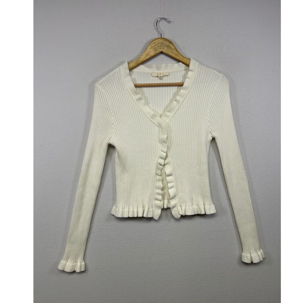 Coquette Romantic Mable Womens‎ Large White Ribbed Ruffle Trim Cardigan Sweater